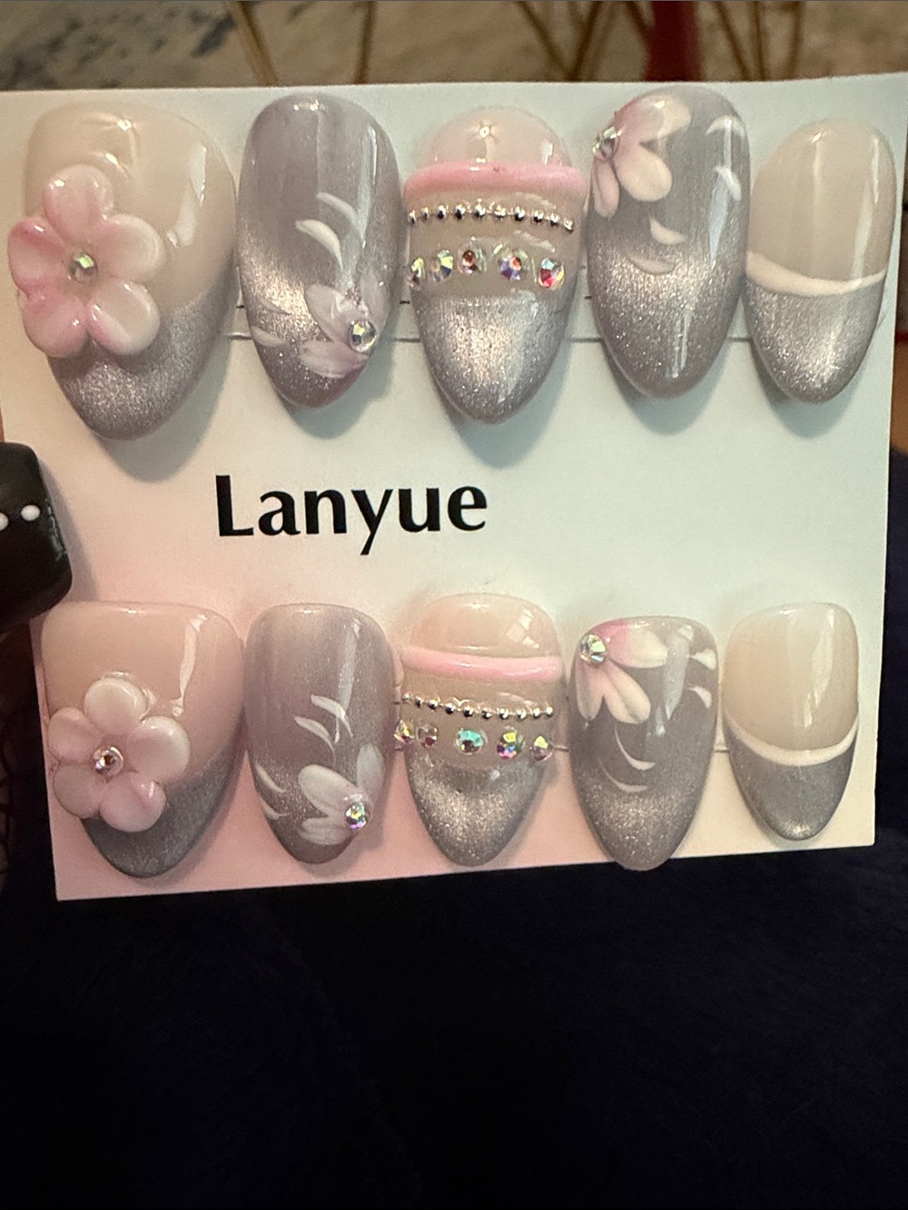 Silver cateye & Pink Floral handmade acrylic Press-On Nail Set
